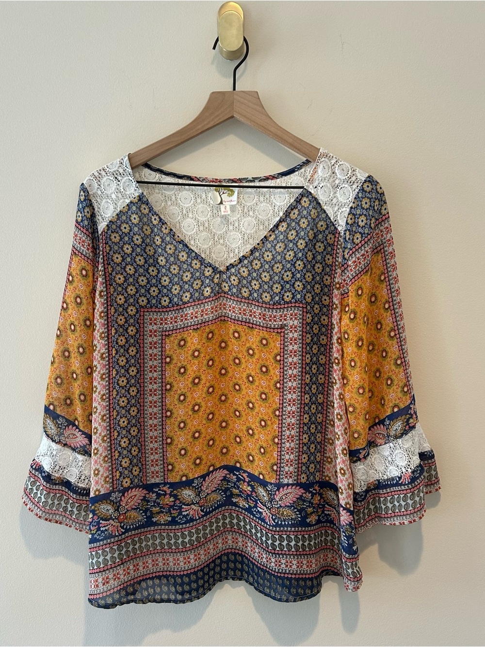 fig and flower Anthropologie Boho V-Neck Tunic in Mustard and Blue Blouse Lace